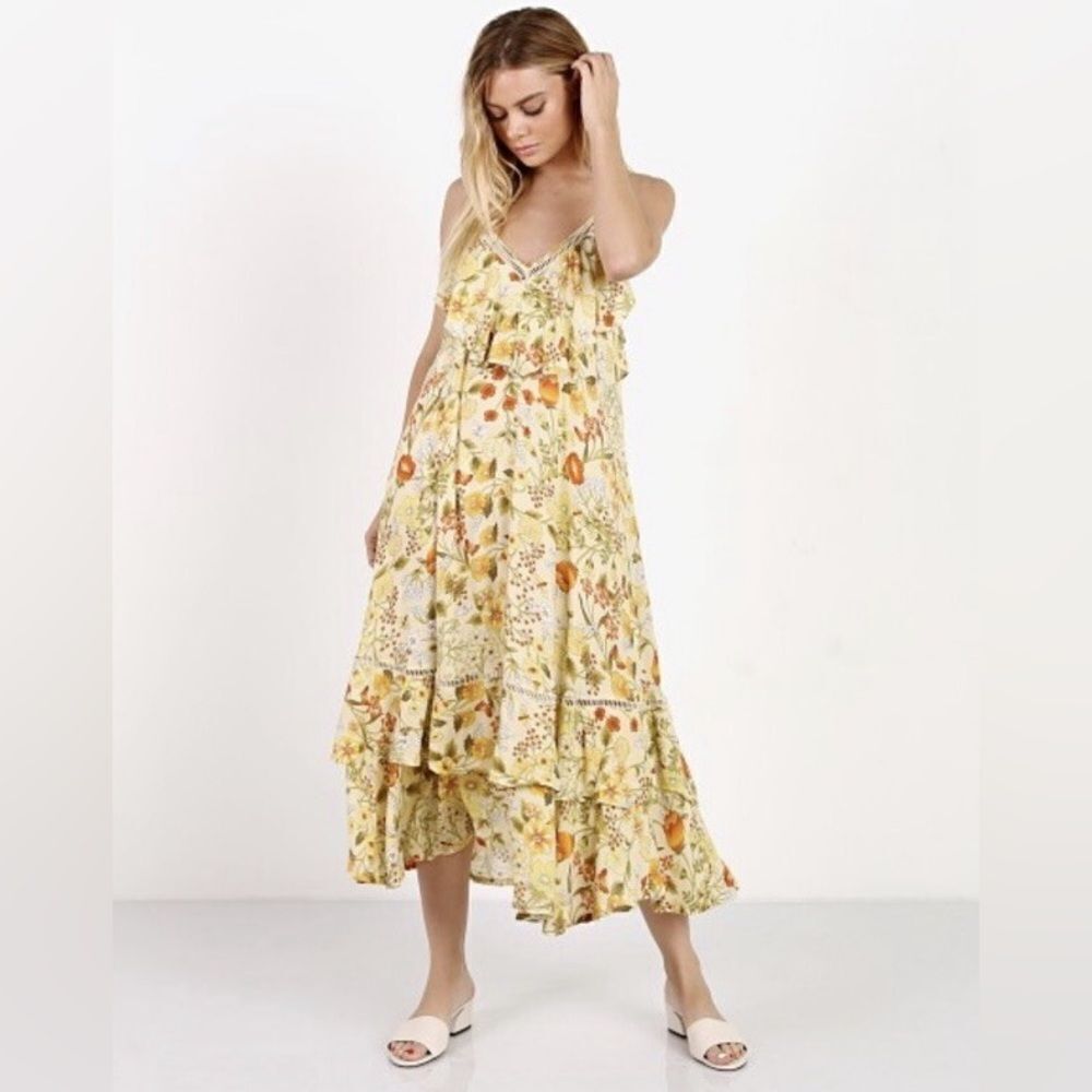 Vintage Spell Floral Sayulita Frilly Maxi Dress in Yellow